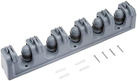 Amazon Basics Wall Mount Broom Holder with Hooks and Slots Gray