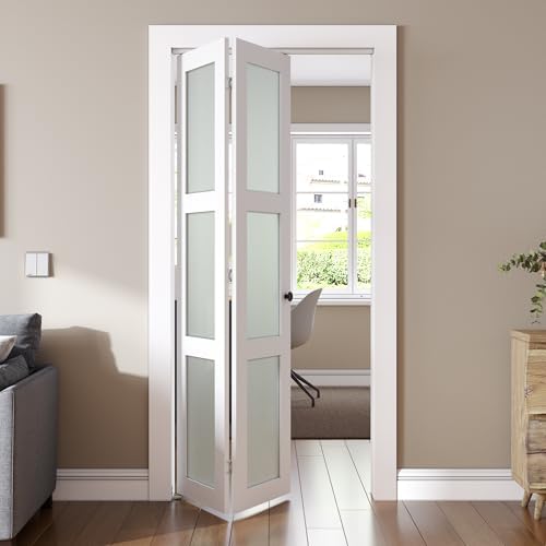 SMARTSTANDARD Bifold Door 24x80 Tempered Frosted Glass with Hardware Kit