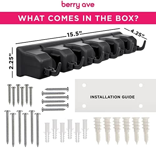 Berry Ave Broom Holder Wall Mount Organizer - 5 Slots 6 Hooks Black