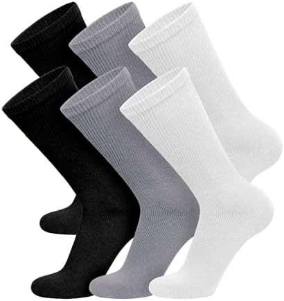 Big and Tall Mens Diabetic Socks - 6 Pairs Black Gray White