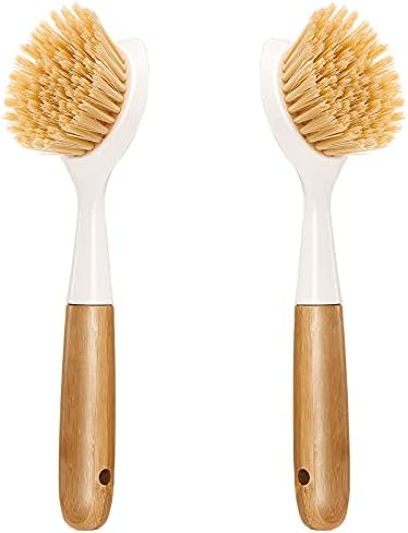 2 Pack Bamboo Handle Dish Brush with Scraper