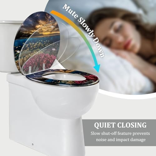 TRANQDEHOM Round Resin Toilet Seat with Golden Sunset Design