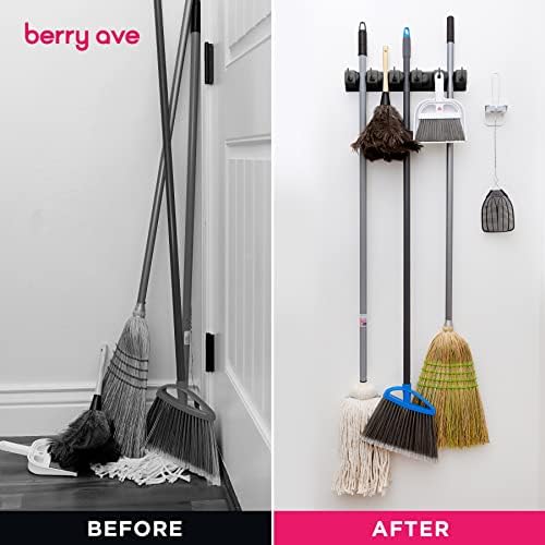Berry Ave Broom Holder Wall Mount Organizer - 5 Slots 6 Hooks Black