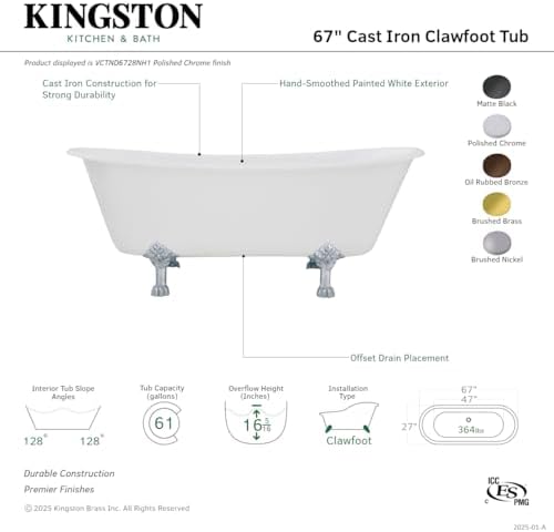 Kingston Brass VCTND6728NH0 67-Inch Cast Iron Clawfoot Tub