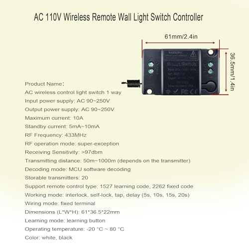 Wireless Remote Light Switch 1 Channel 10A 110V