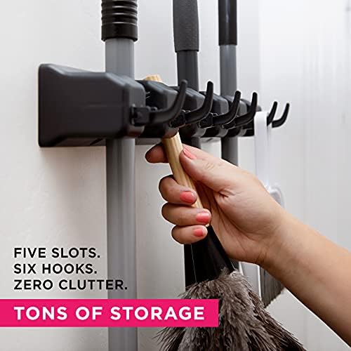 Berry Ave Broom Holder Wall Mount Organizer - 5 Slots 6 Hooks Black