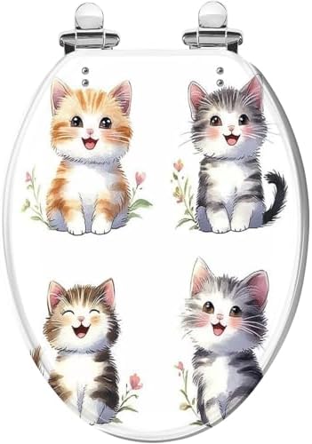 Elongated Toilet Seat with Cute Cat Watercolor Design