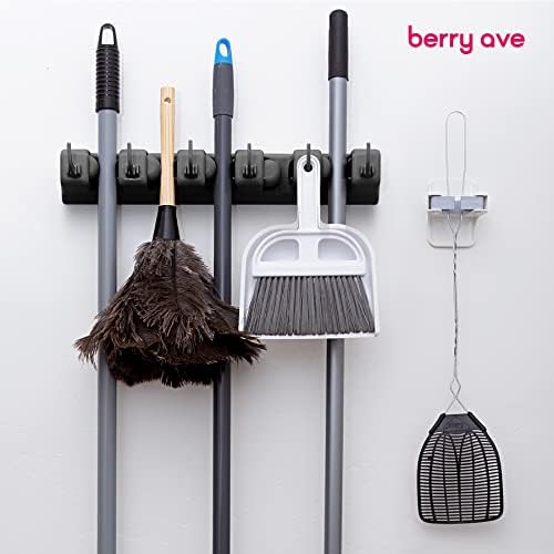 Berry Ave Broom Holder Wall Mount Organizer - 5 Slots 6 Hooks Black