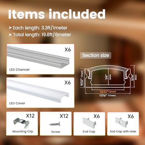 Muzata 6Pack LED Channel U Shape Silver Diffuser with Milky White Cover