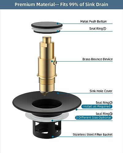 Hibbent All Metal Bathroom Sink Stopper with Matte Black Finish 1