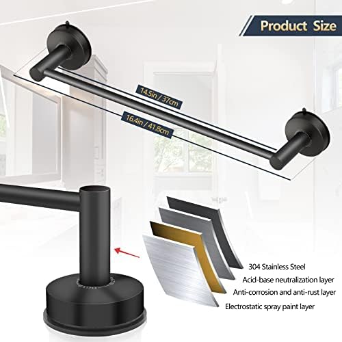 DGYB Suction Cup Towel Bar 17 Inch Matte Black Stainless Steel Bathroom Holder