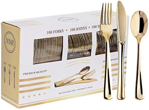 N9R 300PCS Gold Plastic Cutlery Set