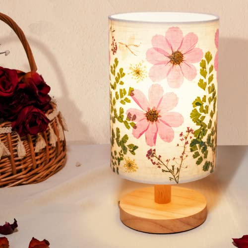 Dried Flowers Table Lamp with Wood Base and Linen Shade