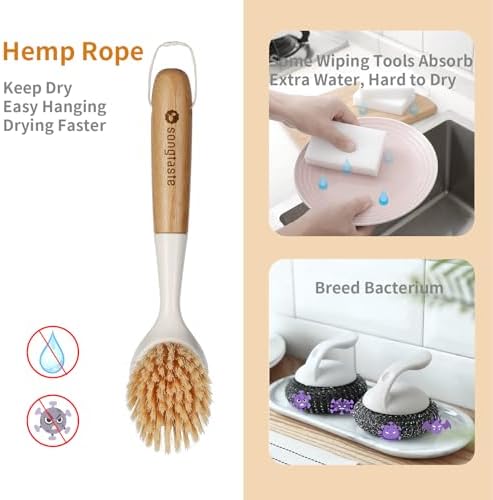 2 Pack Bamboo Handle Dish Brush with Scraper