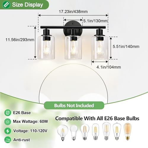 Zarbitta 3-Light Black Wall Lamp with Clear Glass Shades