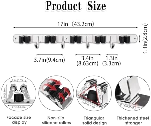 AceMining 5 Racks 4 Hooks Wall Mop Broom Holder