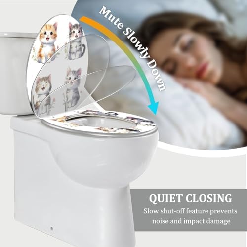Elongated Toilet Seat with Cute Cat Watercolor Design