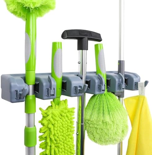 Amazon Basics Wall Mount Broom Holder with Hooks and Slots Gray