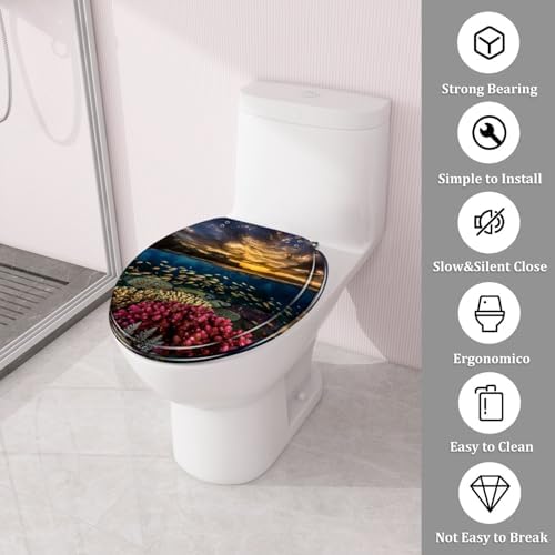 TRANQDEHOM Round Resin Toilet Seat with Golden Sunset Design