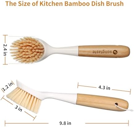 2 Pack Bamboo Handle Dish Brush with Scraper