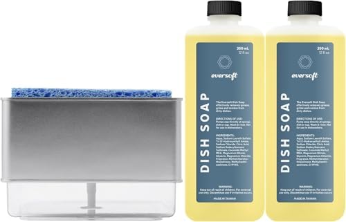 EZPULL Countertop Dish Soap Dispenser with Sponge Holder 2 Refill Bundle