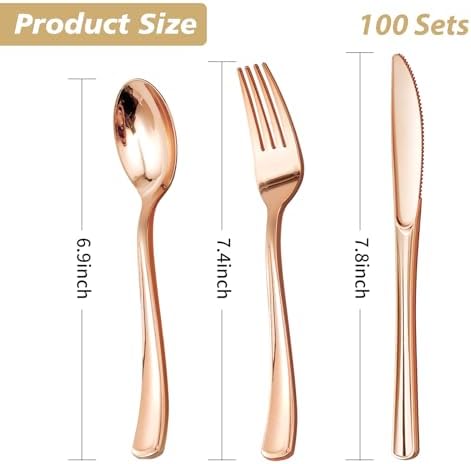 Goodluck 300PCS Rose Gold Plastic Cutlery Set
