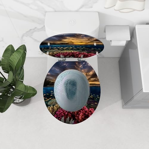 TRANQDEHOM Round Resin Toilet Seat with Golden Sunset Design