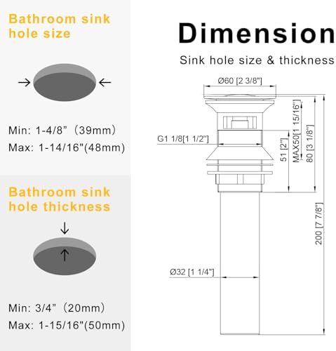 Bathroom Sink Drain Without Overflow Brass and Stainless 304 Chrome Pop Up Stopper