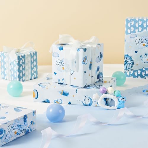 WERNNSAI Baby Boy Wrapping Paper Roll - 17x33ft Blue Elephant Design 1