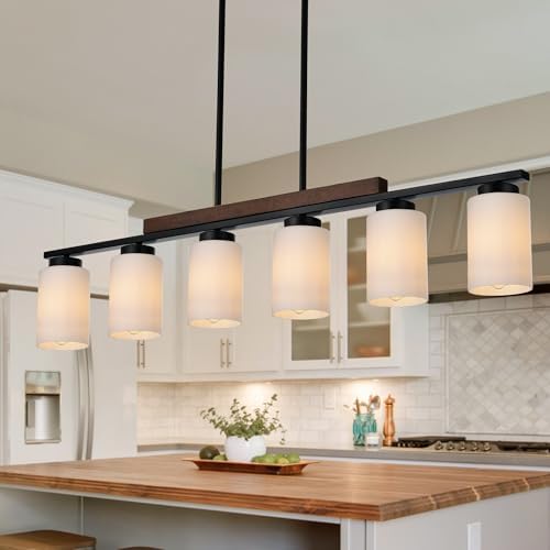 6-Lights Farmhouse Chandelier with Opal Glass and Wood Frame