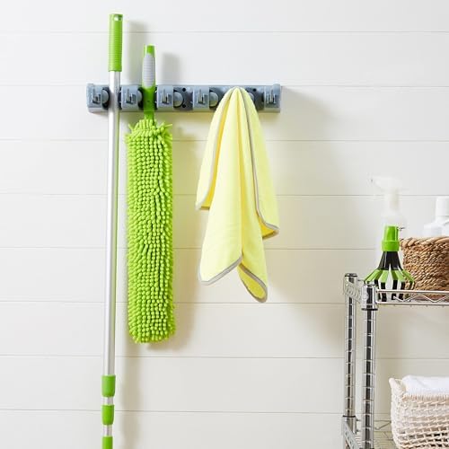 Amazon Basics Wall Mount Broom Holder with Hooks and Slots Gray