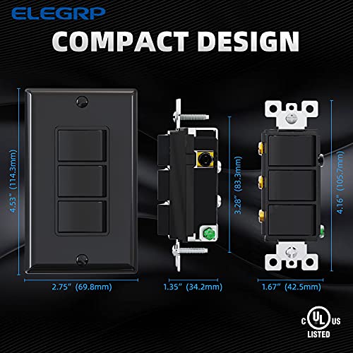 ELEGRP Triple Rocker Light Switch 15A 120V Glossy Black
