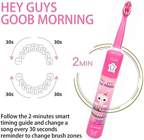 OJV Musical Electric Toothbrush for Kids 3 Modes 2 Min Timer Pink