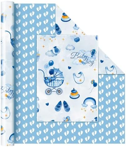 WERNNSAI Baby Boy Wrapping Paper Roll - 17x33ft Blue Elephant Design 1