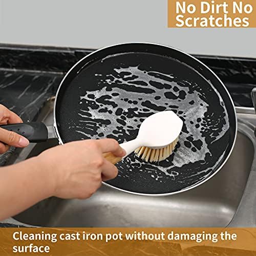 2 Pack Bamboo Handle Dish Brush with Scraper