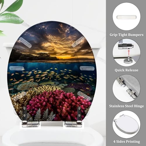 TRANQDEHOM Round Resin Toilet Seat with Golden Sunset Design