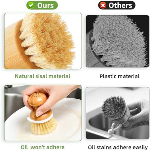 SUBEKYU Bamboo Dish Brush with Built-in Scraper