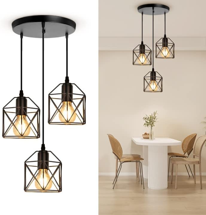 CANMEIJIA 3-Light Pendant Light Fixtures Black Metal Cage Industrial Style