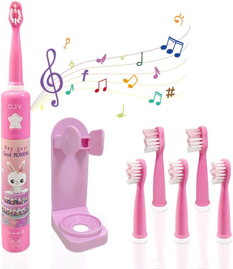 OJV Musical Electric Toothbrush for Kids 3 Modes 2 Min Timer Pink