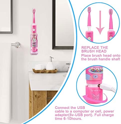 OJV Musical Electric Toothbrush for Kids 3 Modes 2 Min Timer Pink