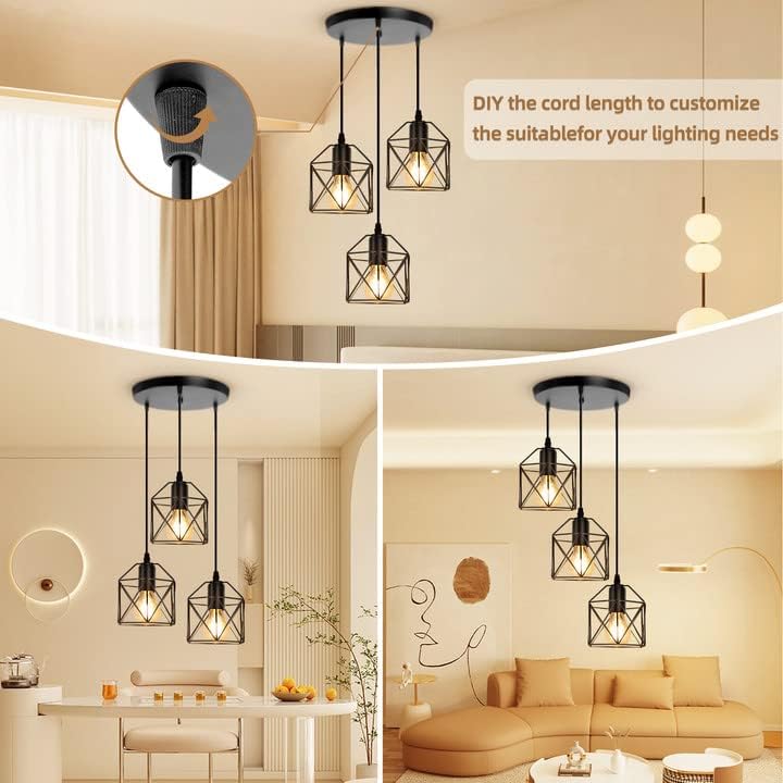 CANMEIJIA 3-Light Pendant Light Fixtures Black Metal Cage Industrial Style