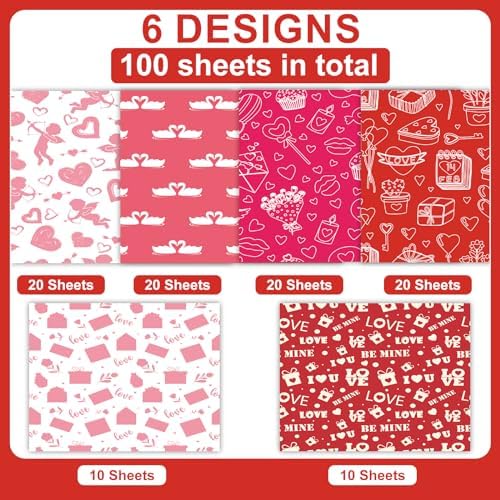 BOXOB 100 Sheets Valentine Tissue Paper 6 Designs 177x138 Inch