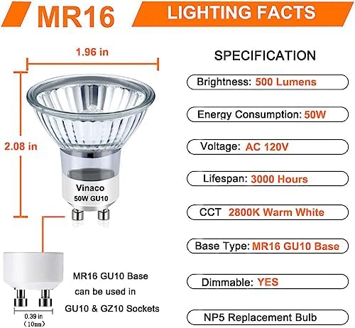 Vinaco GU10 Halogen Bulb 6 Pack Dimmable Warm White 2800K