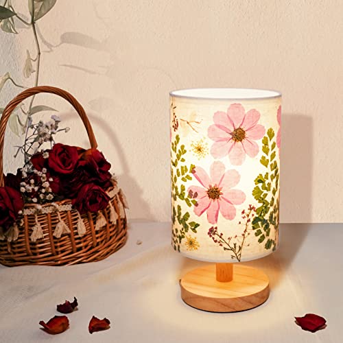 Dried Flowers Table Lamp with Wood Base and Linen Shade