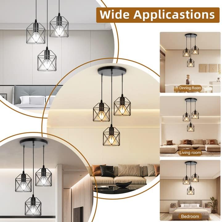 CANMEIJIA 3-Light Pendant Light Fixtures Black Metal Cage Industrial Style