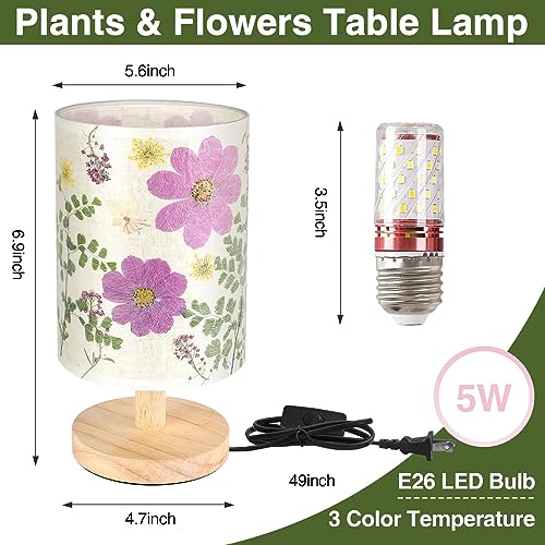 Dried Flowers Table Lamp with Wood Base and Linen Shade
