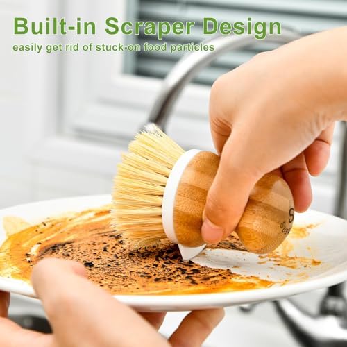 SUBEKYU Bamboo Dish Brush with Built-in Scraper