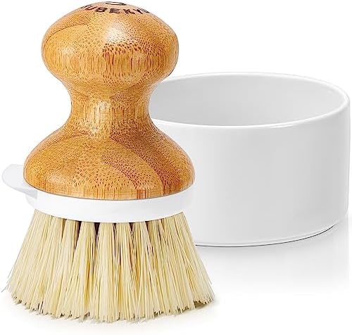 SUBEKYU Bamboo Dish Brush with Soap Dispenser and Built-in Scraper