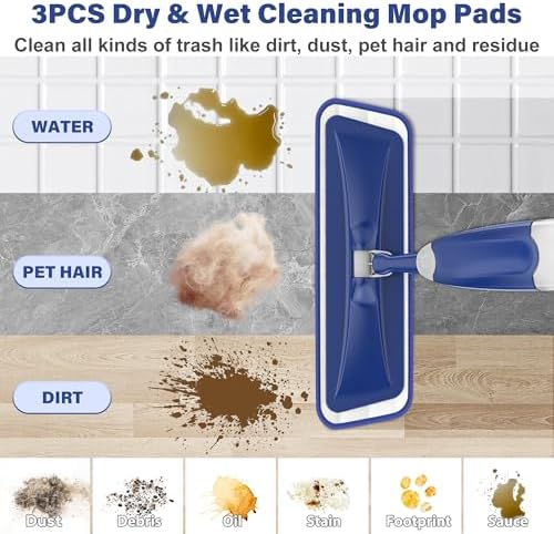 ILAVCLEAN Microfiber Spray Mop - 3 Washable Pads for Wet Dry Cleaning
