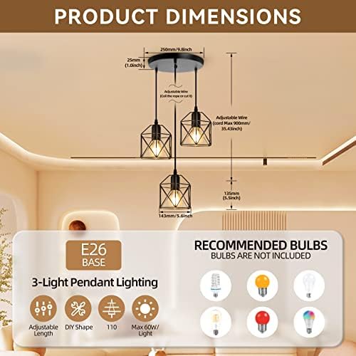 CANMEIJIA 3-Light Pendant Light Fixtures Black Metal Cage Industrial Style